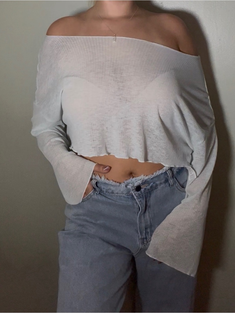 Light blue Off-Shoulder Cropped Long Sleeve Top